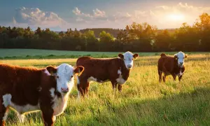 Trzy urocze krowy rasy hereford pasące się na łące o zachodzie słońca.