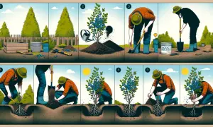 Ilustracja pokazuje jak sadzić borówkę amerykańską, zwracając uwagę na odpowiednie odstępy między sadzonkami.