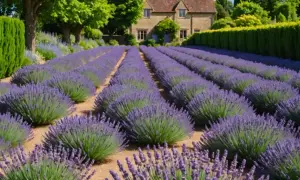 Rzędy lawendy blue scent, być może odmiany Hidcote, tworzą fioletowy dywan przed kamiennym domem.