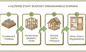 4 etapy budowy drewnianego kurnika na 30 kur: fundament, konstrukcja szkieletu, montaż dachu i wyposażenie.
