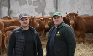 Dwóch mężczyzn na tle stada brązowych krów. Jeden z nich nosi czapkę z logo, drugi zieloną z napisem. System alkierzowy zapewnia im komfortowe warunki.
