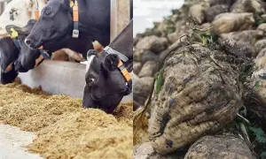 Krowy mleczne jedzą wysłodki buraczane mokre. Obok stos świeżych buraków, z których powstaje pasza.