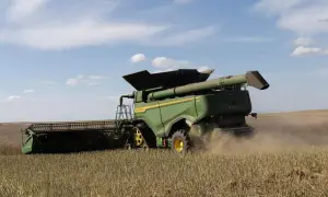 Zielona maszyna John Deere pracuje na polu, kiedy są żniwa. Widać kurz unoszący się z tyłu kombajnu.