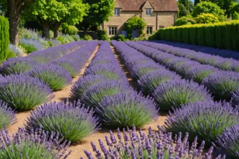 Rzędy lawendy blue scent, być może odmiany Hidcote, tworzą fioletowy dywan przed kamiennym domem.