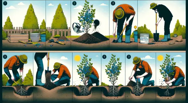 Ilustracja pokazuje jak sadzić borówkę amerykańską, zwracając uwagę na odpowiednie odstępy między sadzonkami.