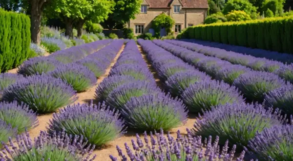 Rzędy lawendy blue scent, być może odmiany Hidcote, tworzą fioletowy dywan przed kamiennym domem.