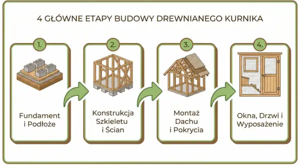 4 etapy budowy drewnianego kurnika na 30 kur: fundament, konstrukcja szkieletu, montaż dachu i wyposażenie.