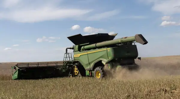 Zielona maszyna John Deere pracuje na polu, kiedy są żniwa. Widać kurz unoszący się z tyłu kombajnu.