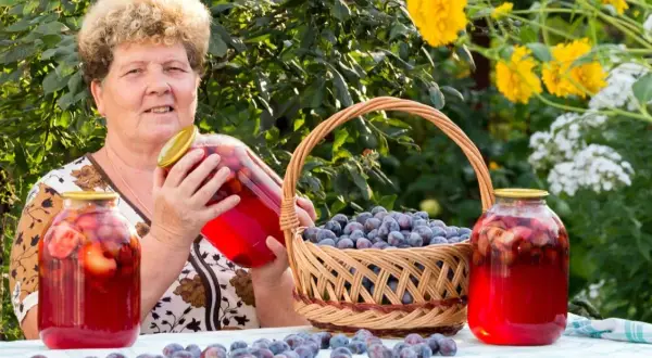 Starsza pani prezentuje domowy kompot ze śliwek, podkreślając jego zdrowotne właściwości. W tle kosz pełen śliwek i słoje z przetworami.