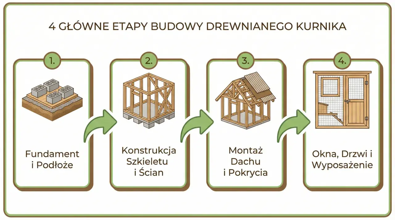 4 etapy budowy drewnianego kurnika na 30 kur: fundament, konstrukcja szkieletu, montaż dachu i wyposażenie.