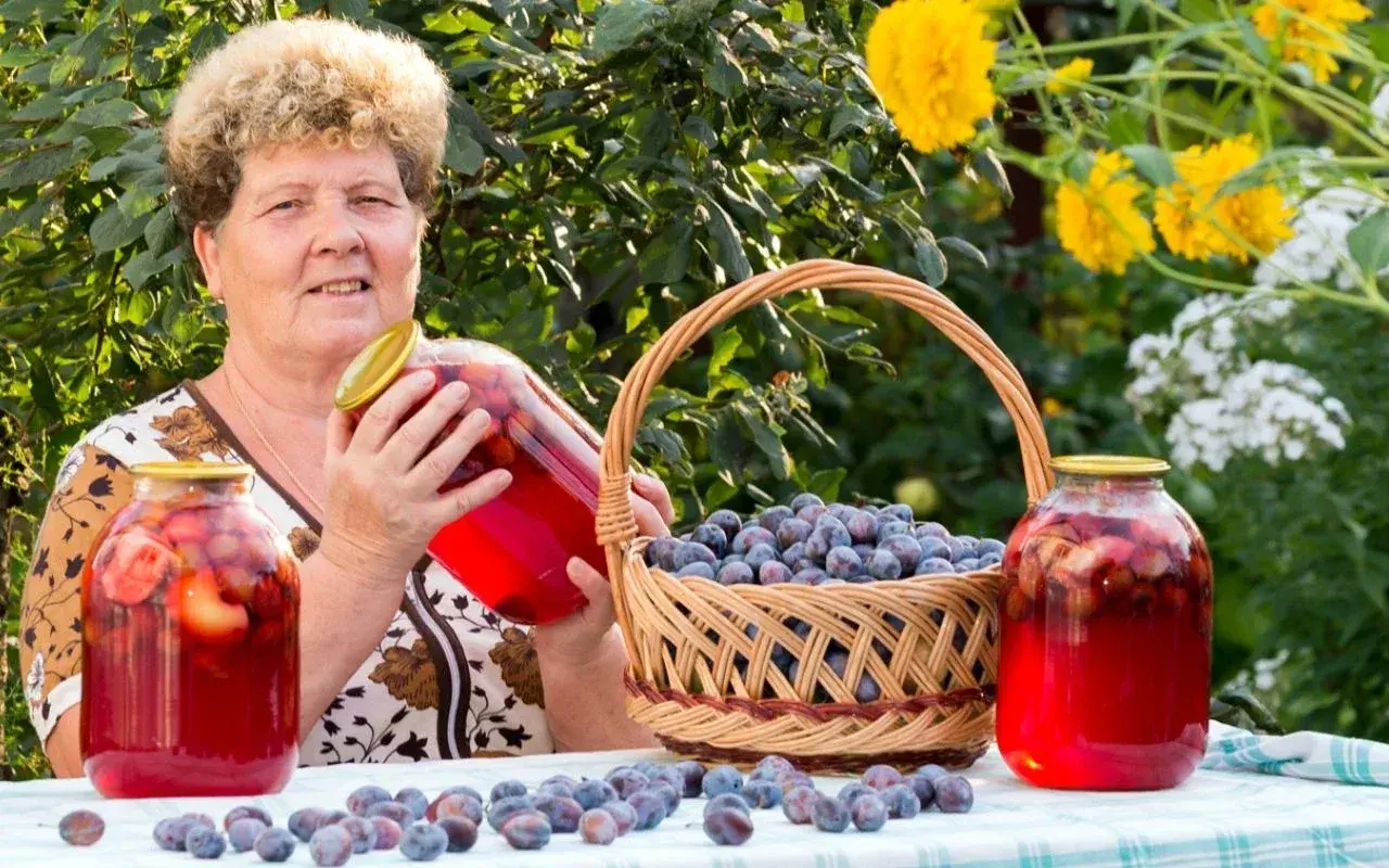 Starsza pani prezentuje domowy kompot ze śliwek, podkreślając jego zdrowotne właściwości. W tle kosz pełen śliwek i słoje z przetworami.