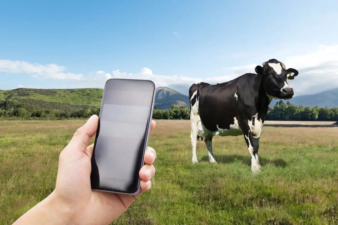 Ręka trzyma smartfon z aplikacją kalendarz wycieleń kr&oacute;w. Na łące stoi czarno-biała krowa.