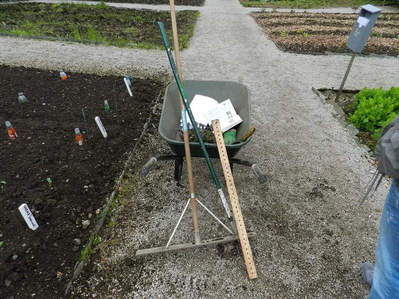 Przygotowania do sadzenia lasu na polu: taczka z narzędziami, grabie, miarka i świeżo przekopana ziemia z sadzonkami.