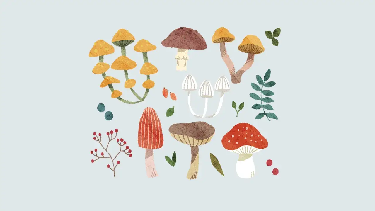 Ilustracja leśnych, jadalnych grzyb&oacute;w z blaszkami, w tym muchomor&oacute;w i borowik&oacute;w, otoczonych liśćmi i jagodami.