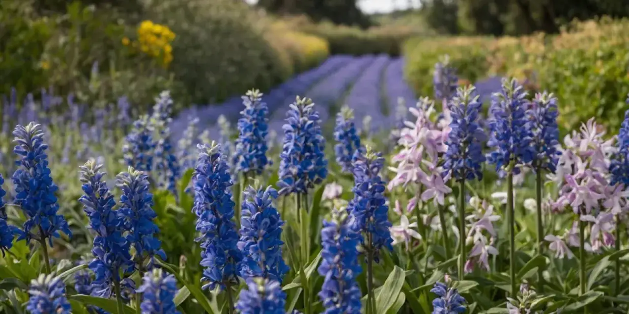 Pole lawendy blue scent, z daleka przypominające Hidcote, w pełnym rozkwicie.