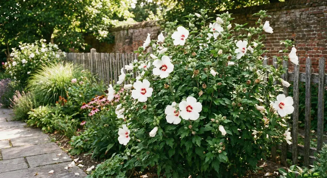 Krzew kwitnącego hibiskusa odmiany syriacus z białymi kwiatami i czerwonymi środkami, w letnim ogrodzie.