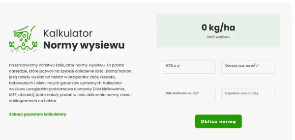 Kalkulator normy wysiewu zbóż kg/ha. Narzędzie do obliczania ilości nasion na hektar, uwzględniające MTZ, obsadę i siłę kiełkowania.